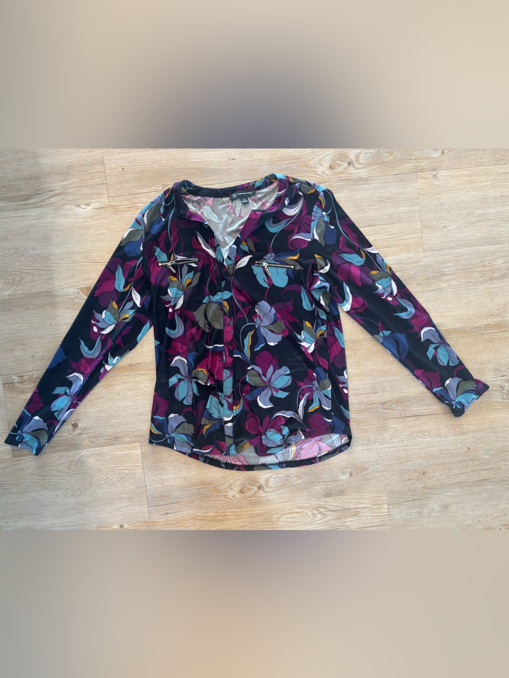 INC International Concepts Black Floral Blouse with Pink, Blue & Teal Accents